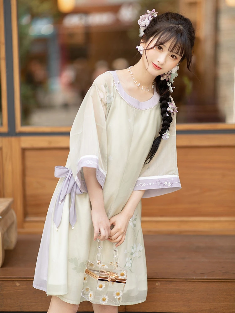 Women Ming Style Round Neck Shirt Dress Modern Hanfu