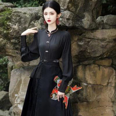Women Casual Hanfu Ming Dynasty Mamian Skirt Set Black Dashing Style