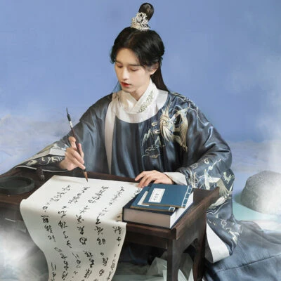 young bookman male navy hanfu robe