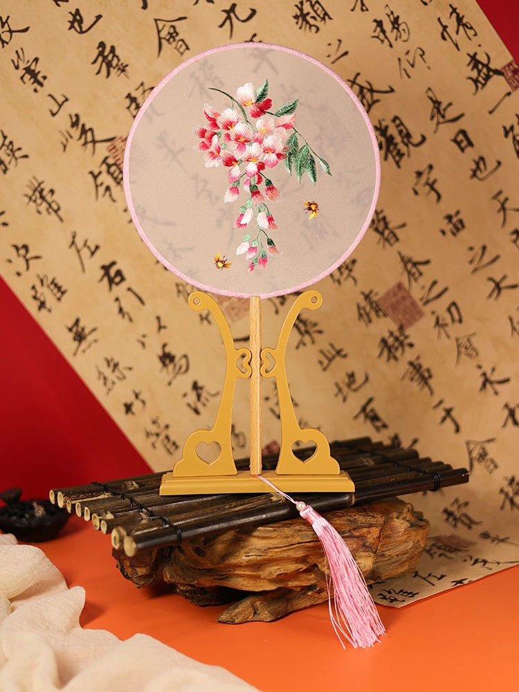 Classical Embroidered Tuanshan Ladies Dance Fan Red Flower