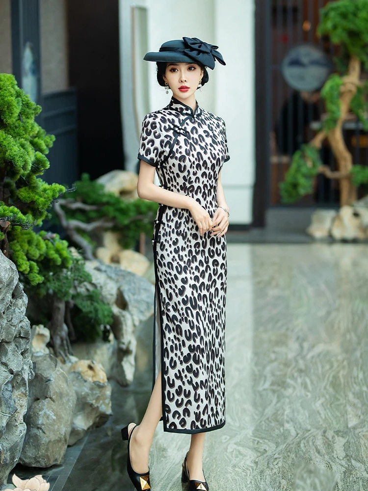 Summer Women Long Slim Silk Cheongsam Medium Long Daily Dress
