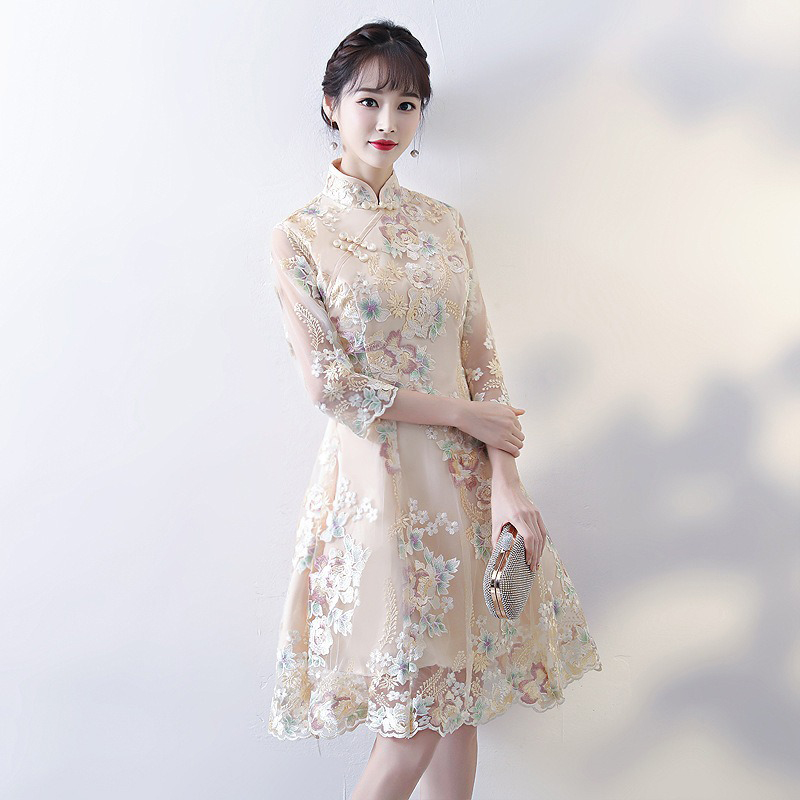 Women Champagne Cheongsam Evening Gown Qipao Dresses