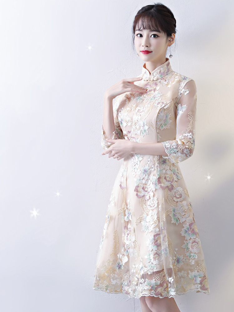 Women Champagne Cheongsam Evening Gown Qipao Dresses
