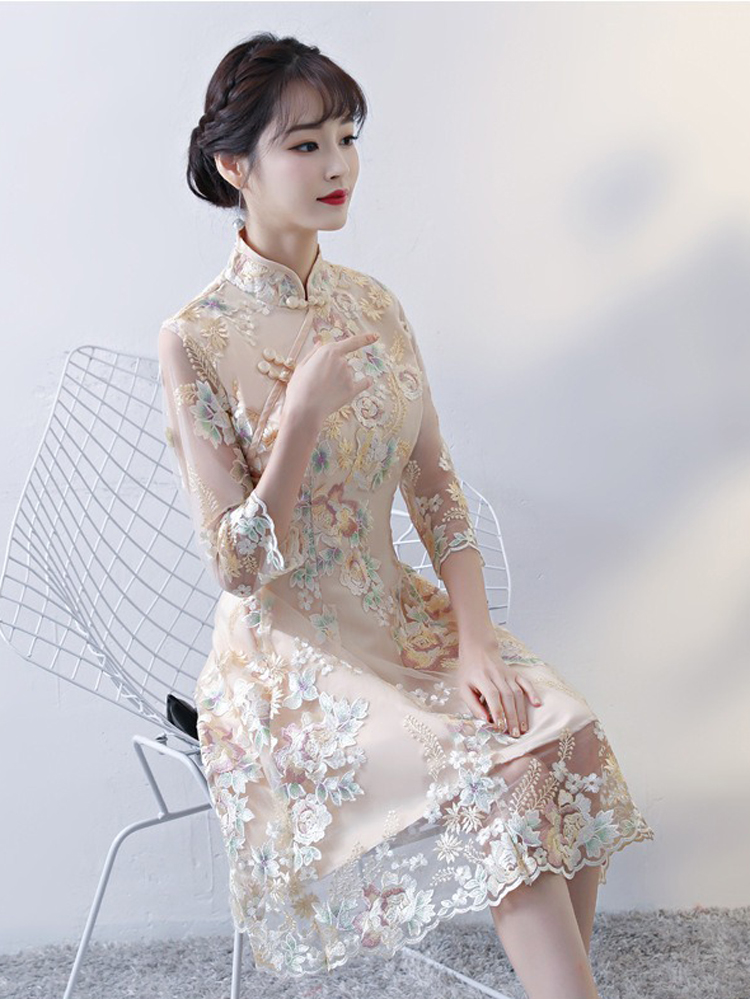 Women Champagne Cheongsam Evening Gown Qipao Dresses