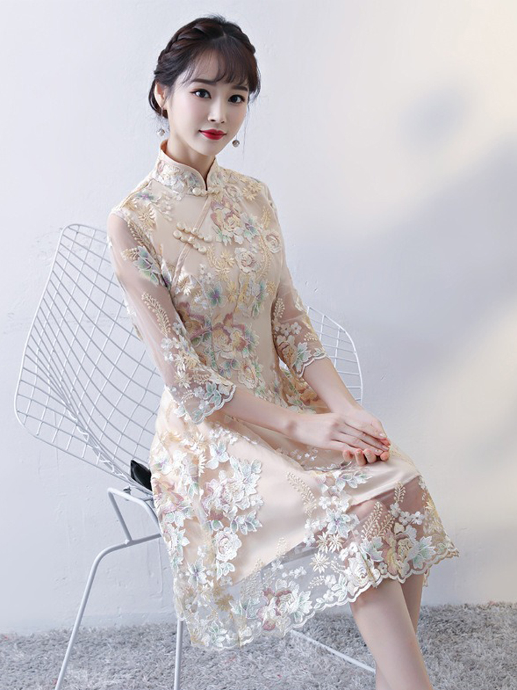 Women Champagne Cheongsam Evening Gown Qipao Dresses