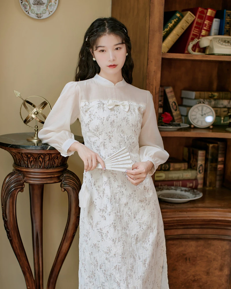 lilac qipao white cheongsam dress