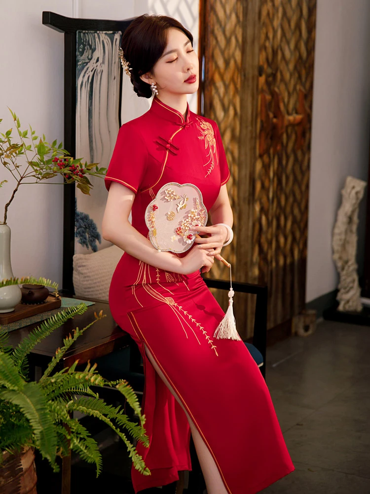 long cheongsam red wedding qipao dress