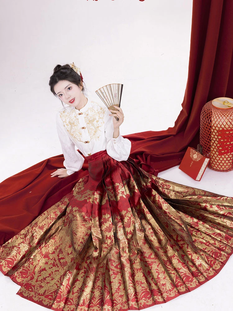 Ming Dynasty Hanfu Wedding Dress Gorgeous Red Mamian Dress Set