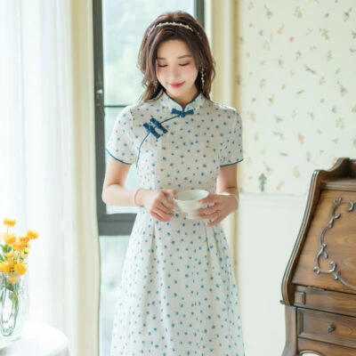 summer flower white cheongsam qipao dress