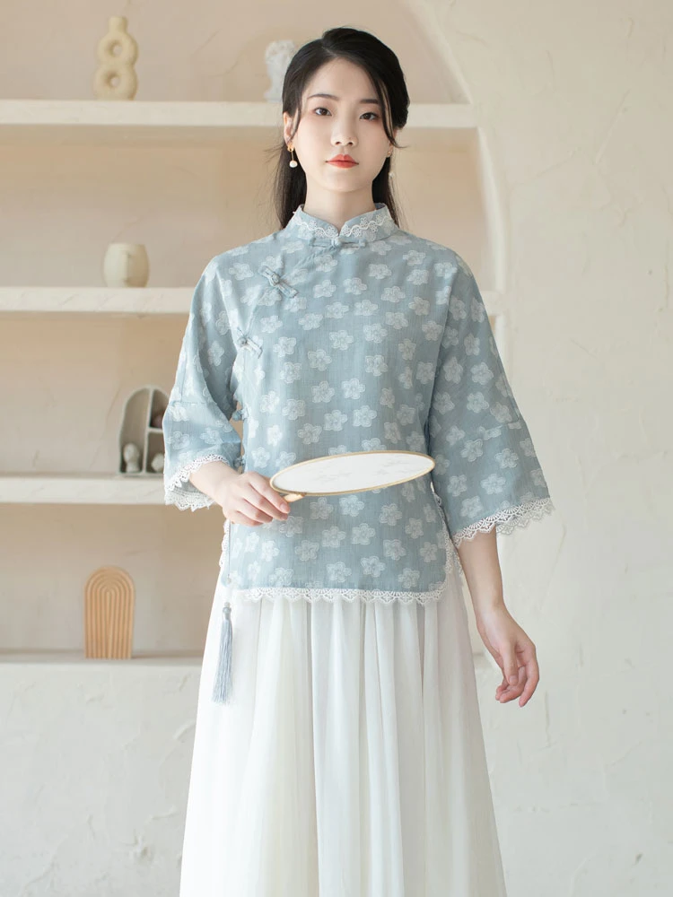 begonia flower blue qipao shirt cheongsam