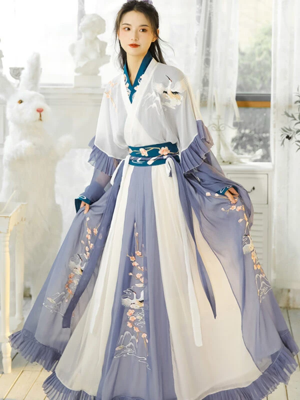 Triple Crane Blue & Yellow Hanfu Dress - Newhanfu 2024