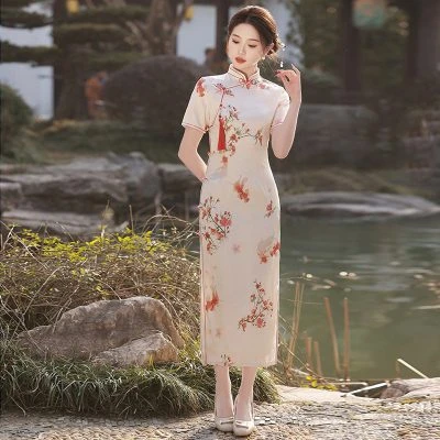 Summer Qipao Koi Lady Slim Long Cheongsam Daily Dress