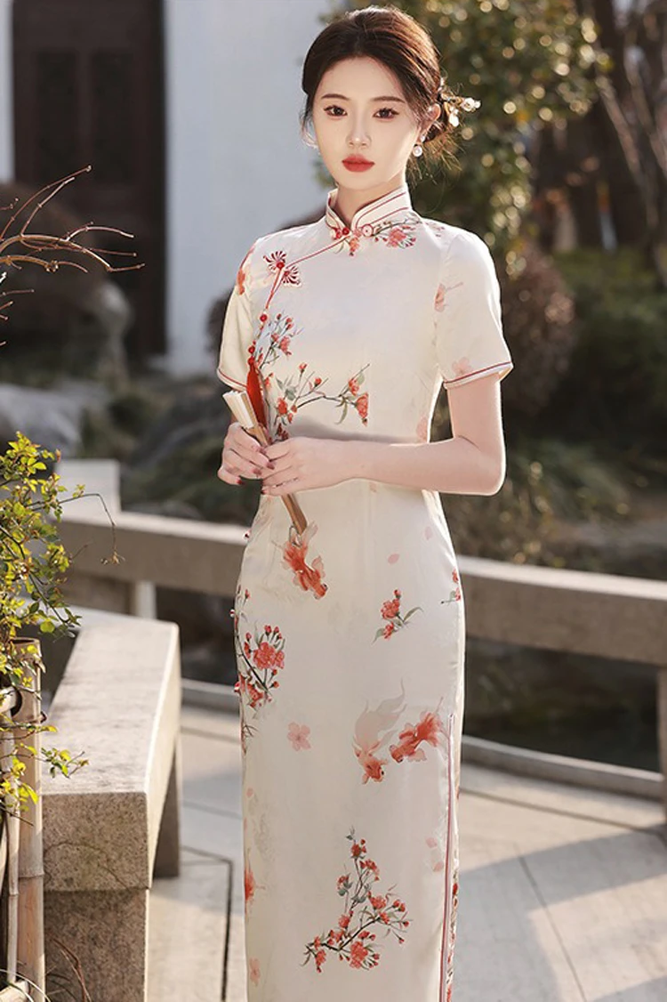 Summer Qipao Koi Lady Slim Long Cheongsam Daily Dress