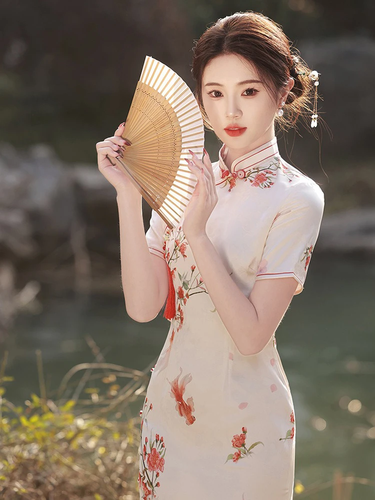 Summer Qipao Koi Lady Slim Long Cheongsam Daily Dress