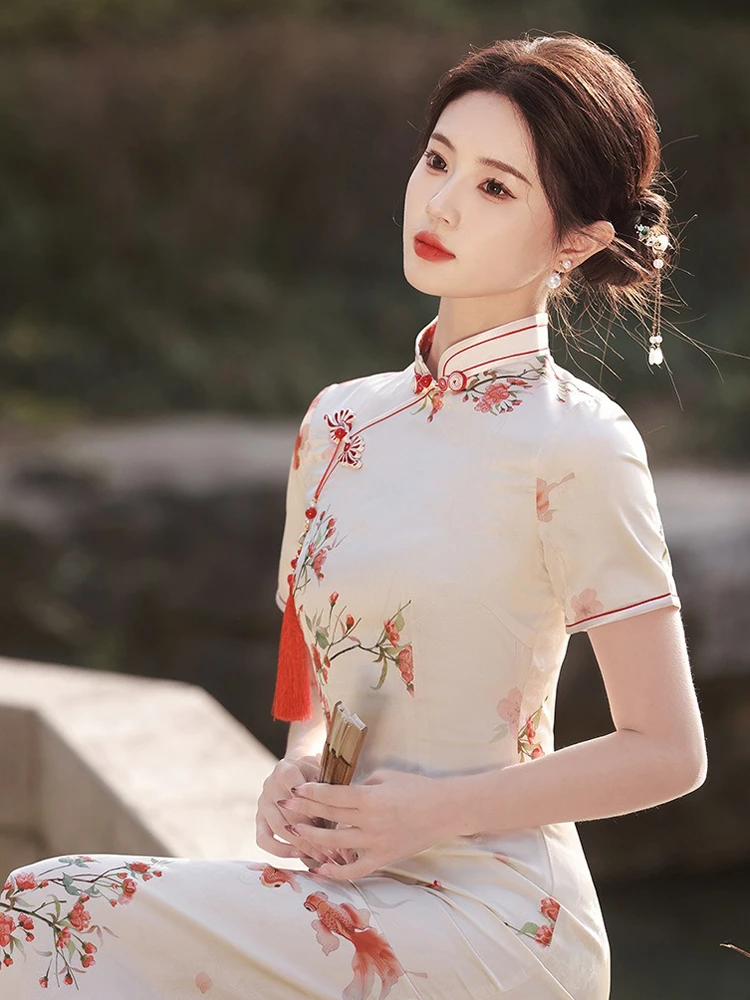 Summer Qipao Koi Lady Slim Long Cheongsam Daily Dress