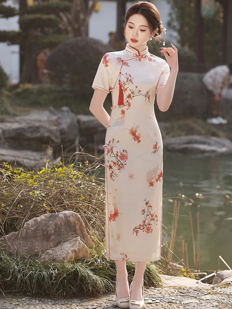 Summer Qipao Koi Lady Slim Long Cheongsam Daily Dress