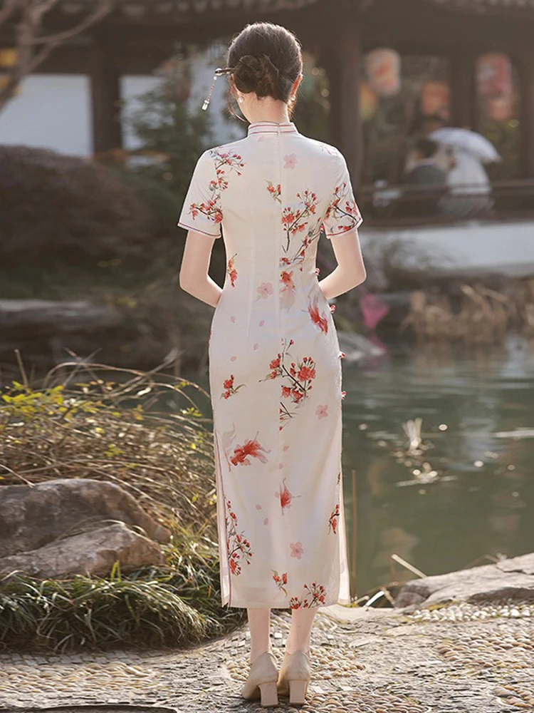 Summer Qipao Koi Lady Slim Long Cheongsam Daily Dress