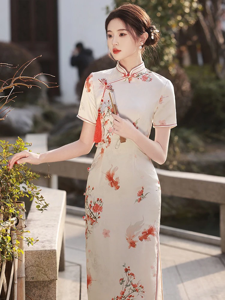 Summer Qipao Koi Lady Slim Long Cheongsam Daily Dress