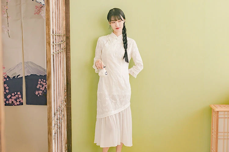 White Feather casual qipao dress