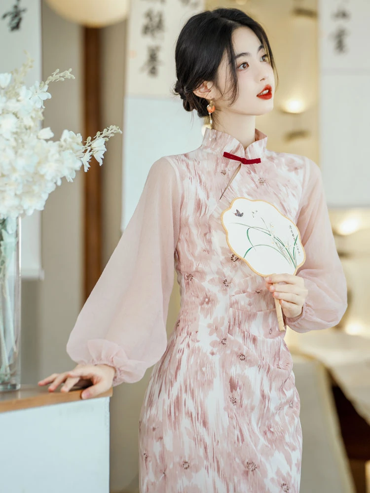 peach qipao pink cheongsam dress