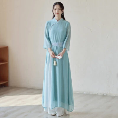 blue camellia modern qipao dress cheongsam