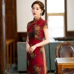 New Cheongsam Ladies Slim Long Red Banquet Dress Short Sleeve