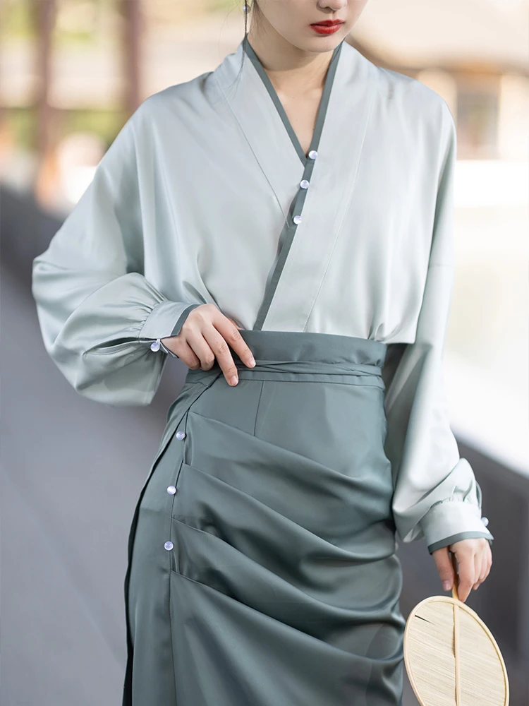 Spring GreenModern Song Style Women Hanfu Fashion Green Dress for Spring
