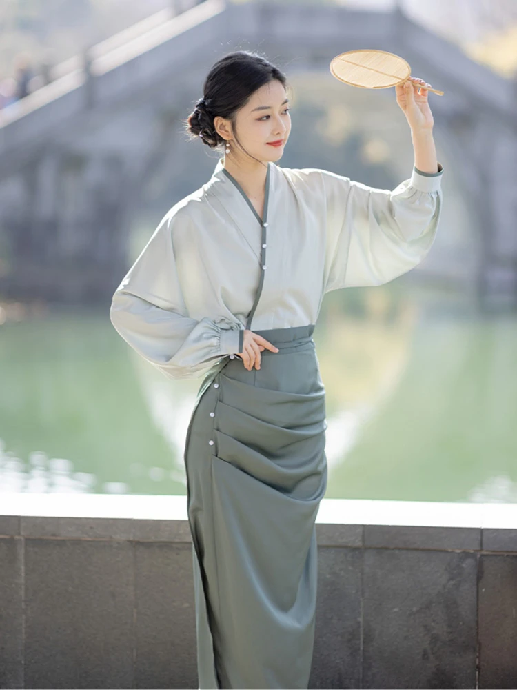 Spring GreenModern Song Style Women Hanfu Fashion Green Dress for Spring