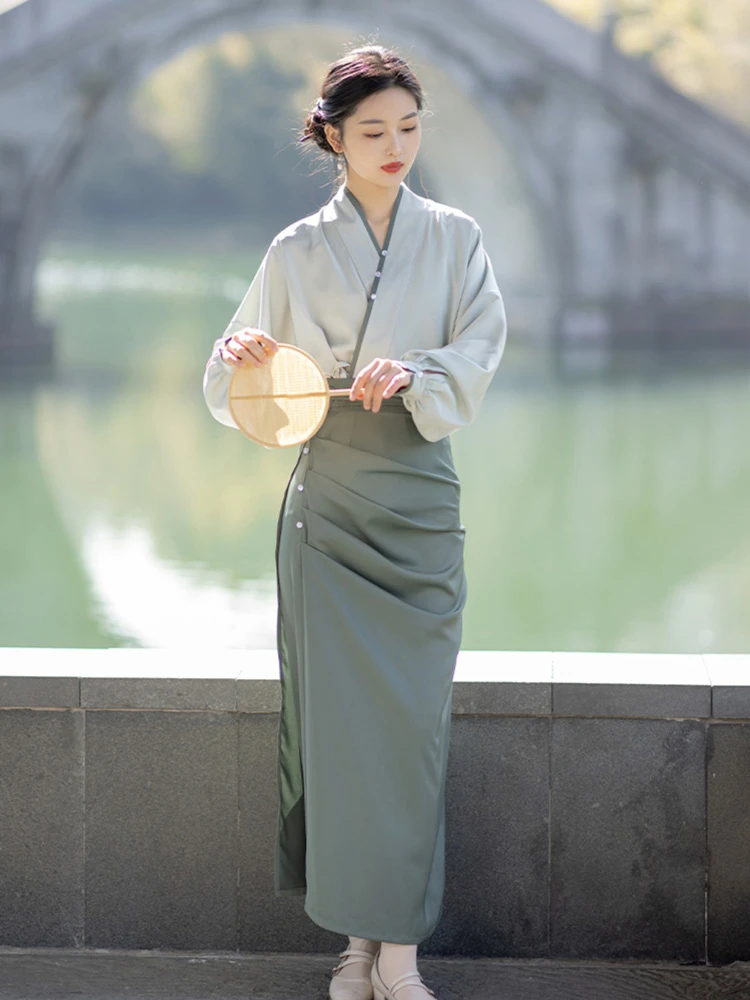 Spring GreenModern Song Style Women Hanfu Fashion Green Dress for Spring