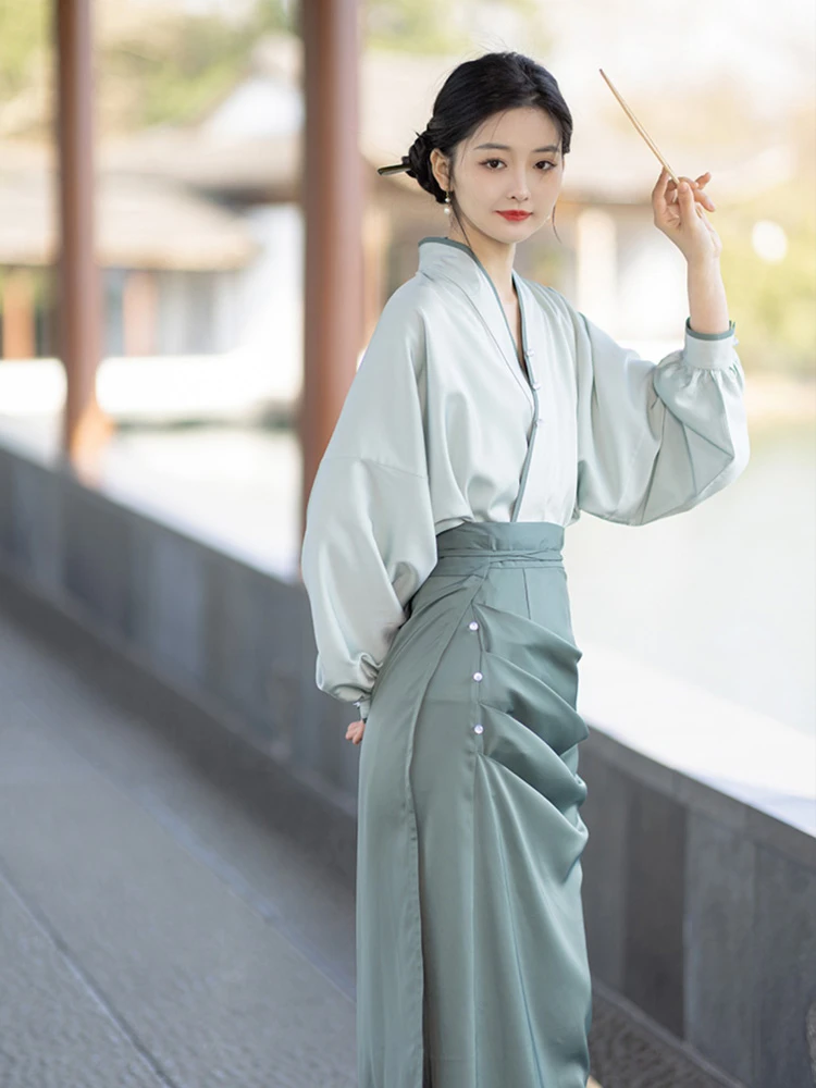 Spring GreenModern Song Style Women Hanfu Fashion Green Dress for Spring