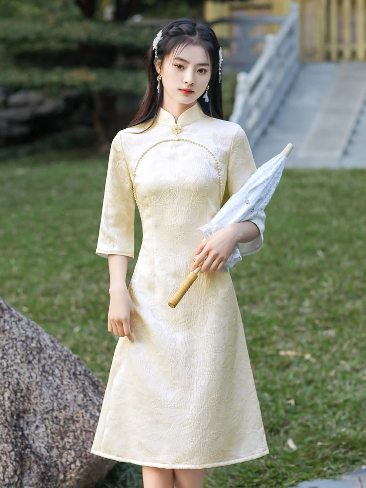 cream qipao modern cheongsam dress