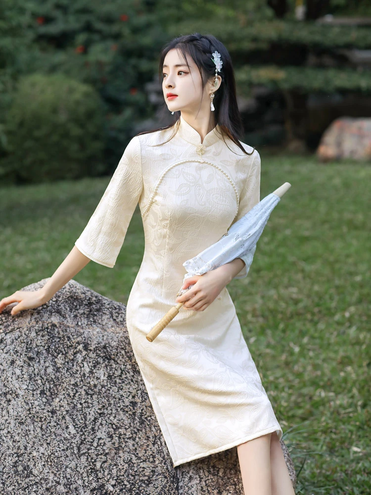 cream qipao modern cheongsam dress