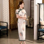 peony qipao white Chinese cheongsam dress