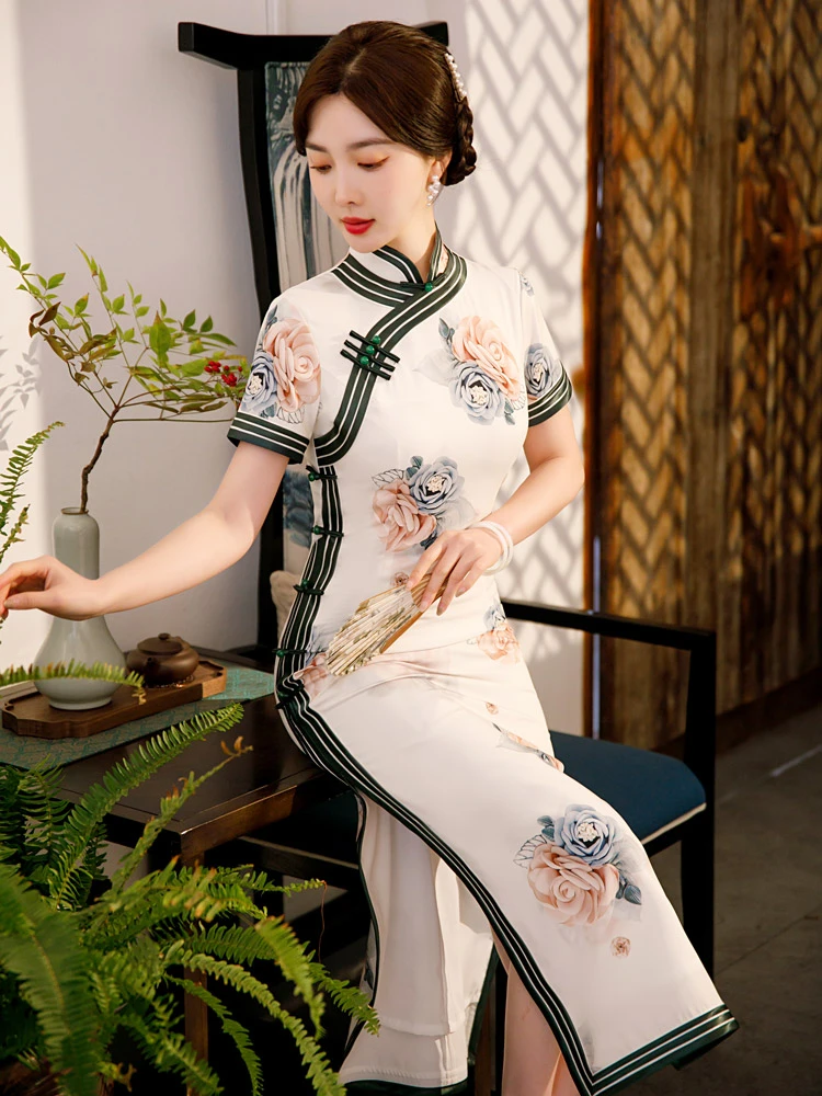 peony qipao white Chinese cheongsam dress