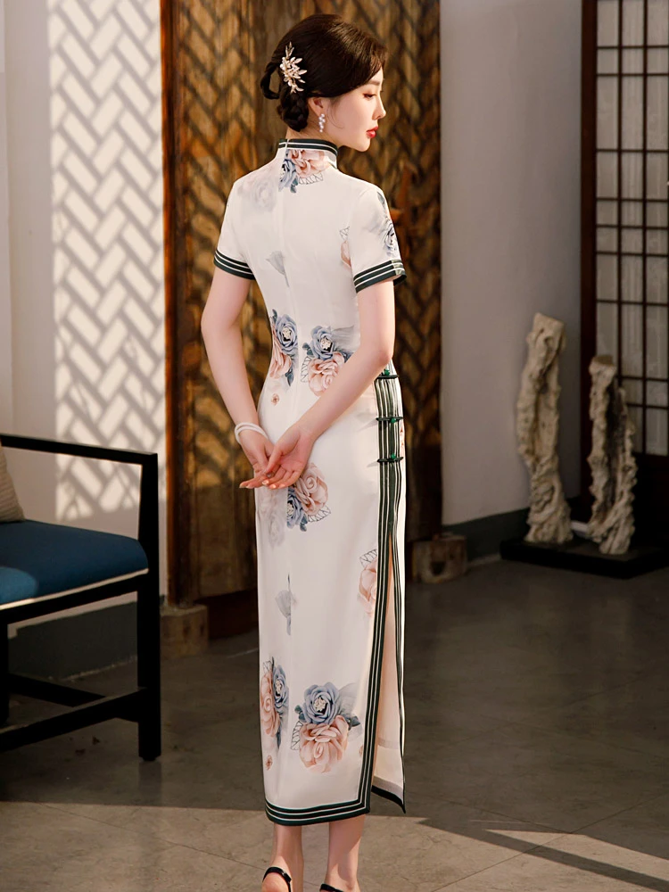 peony qipao white Chinese cheongsam dress