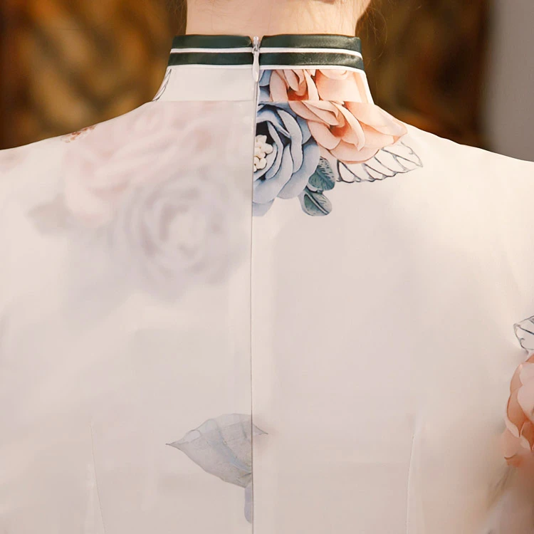 peony qipao white Chinese cheongsam dress