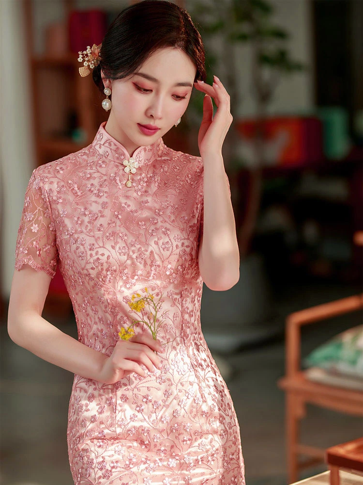 pink petal wedding cheongsam summer dress