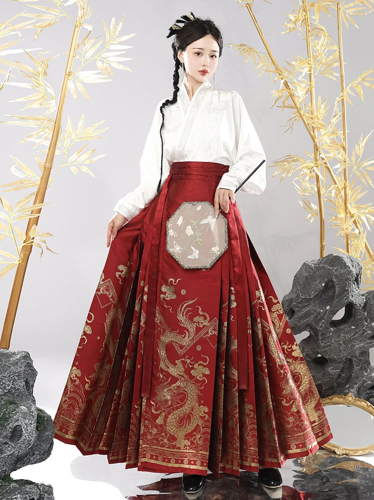 Fashion Hanfu Costume Ladies Mamian Qun Dashing Dragon Patterns