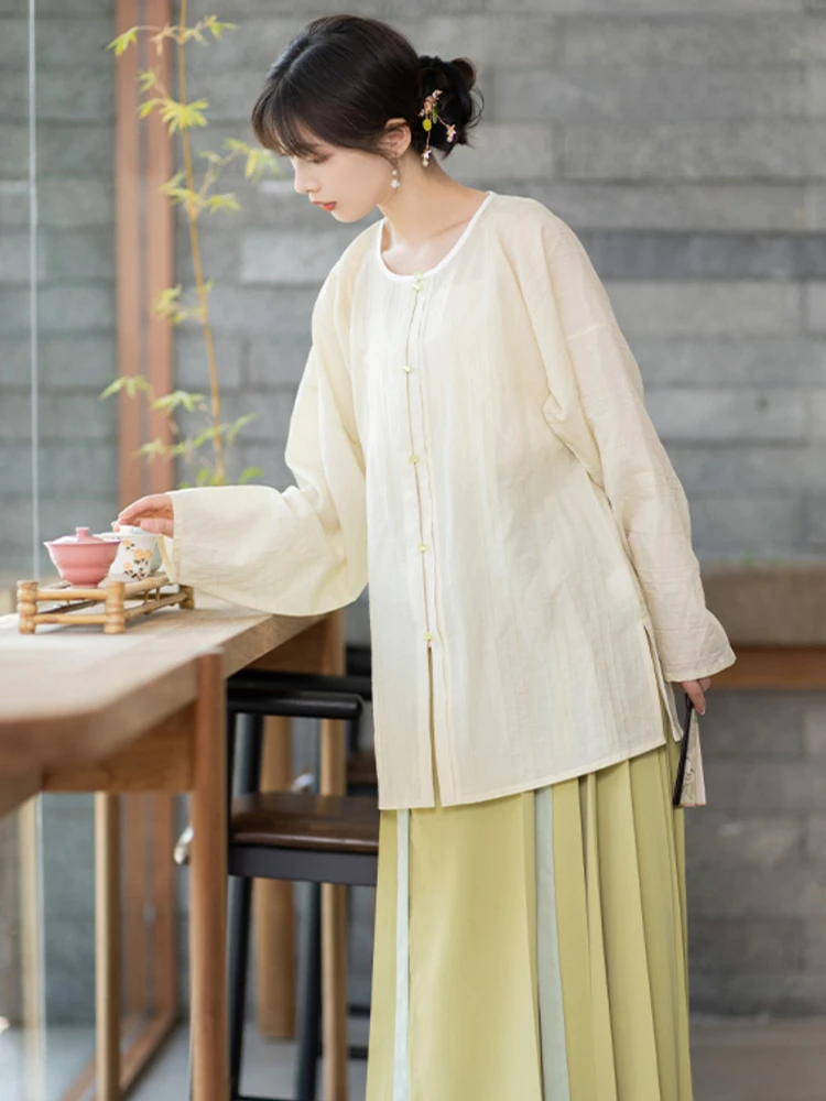 Women Ming Silk Round Shirt Mamian Dress for Summer