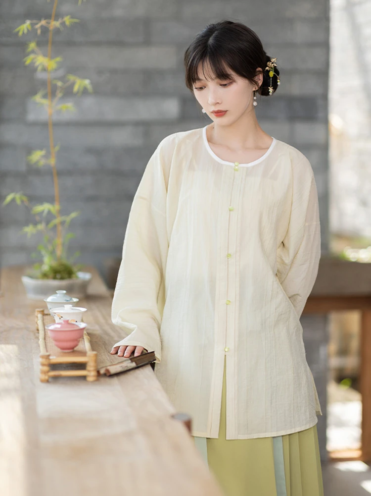 Women Ming Silk Round Shirt Mamian Dress for Summer