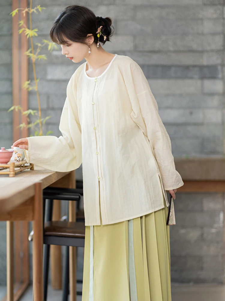 Women Ming Silk Round Shirt Mamian Dress for Summer