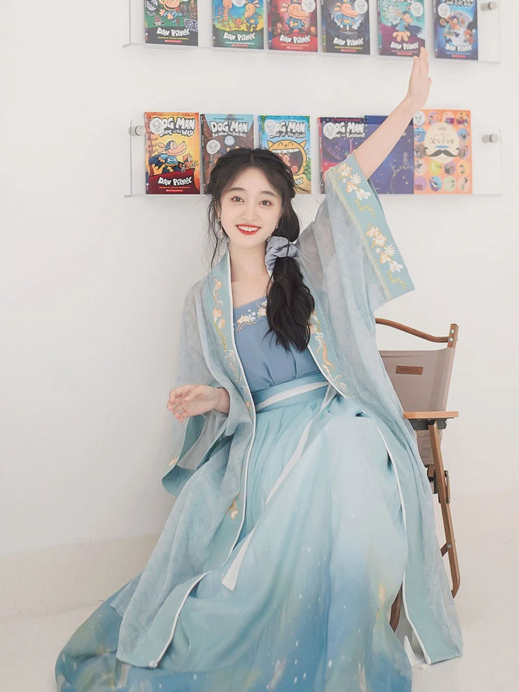 Women Summer Blue Qiyao Hanfu Daily Song Costume