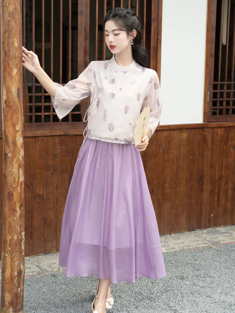 purple leaf summer qipao shirt skirt