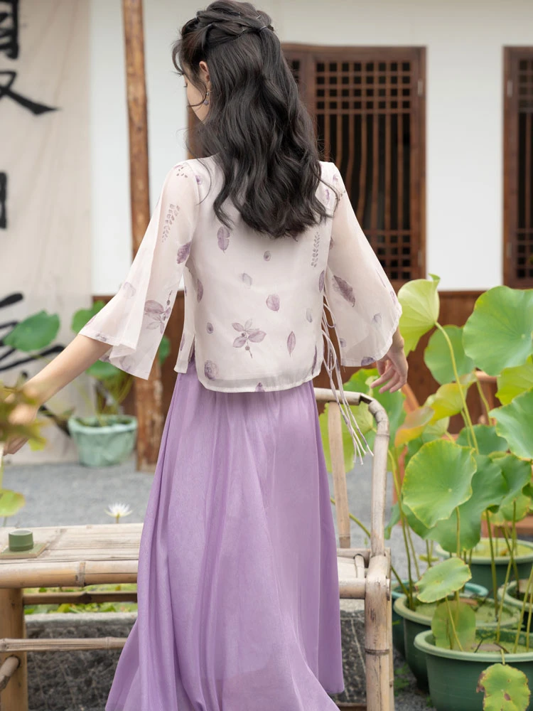 purple leaf summer qipao shirt skirt