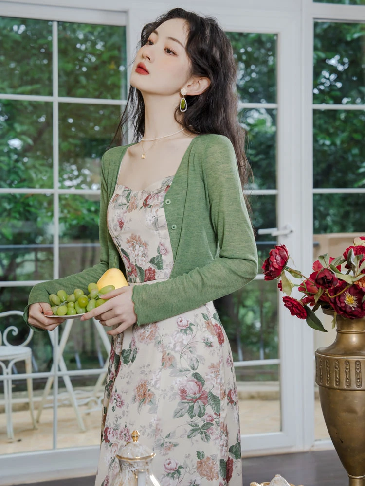 rose garden green Chinese dress