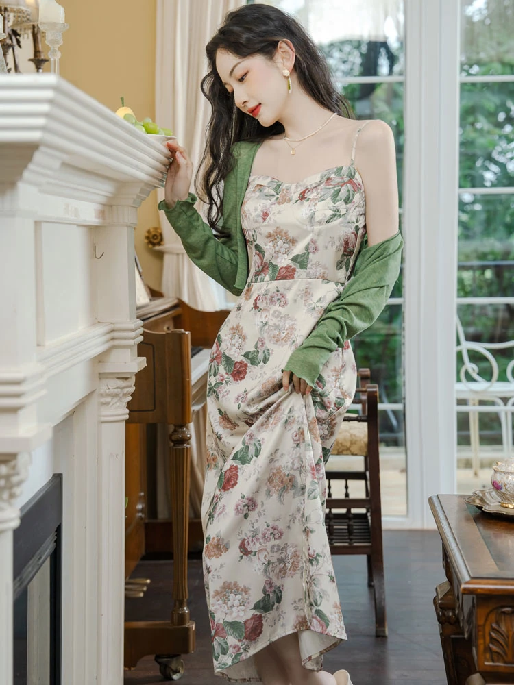 rose garden green Chinese dress