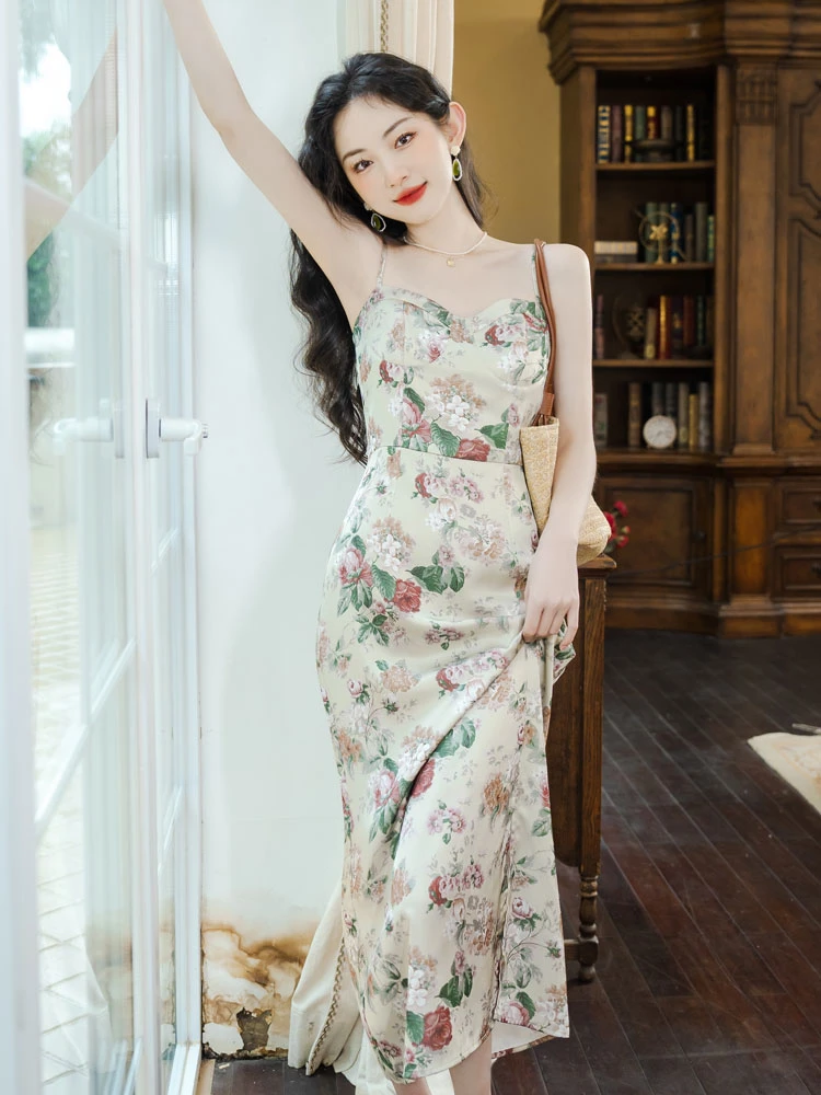 rose garden green Chinese dress