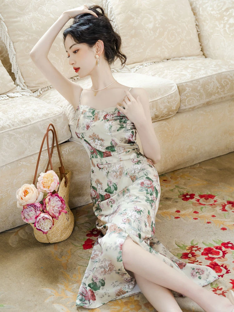 rose garden green Chinese dress