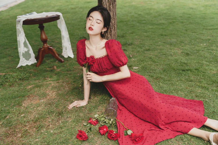 sweet rose red Chinese dress