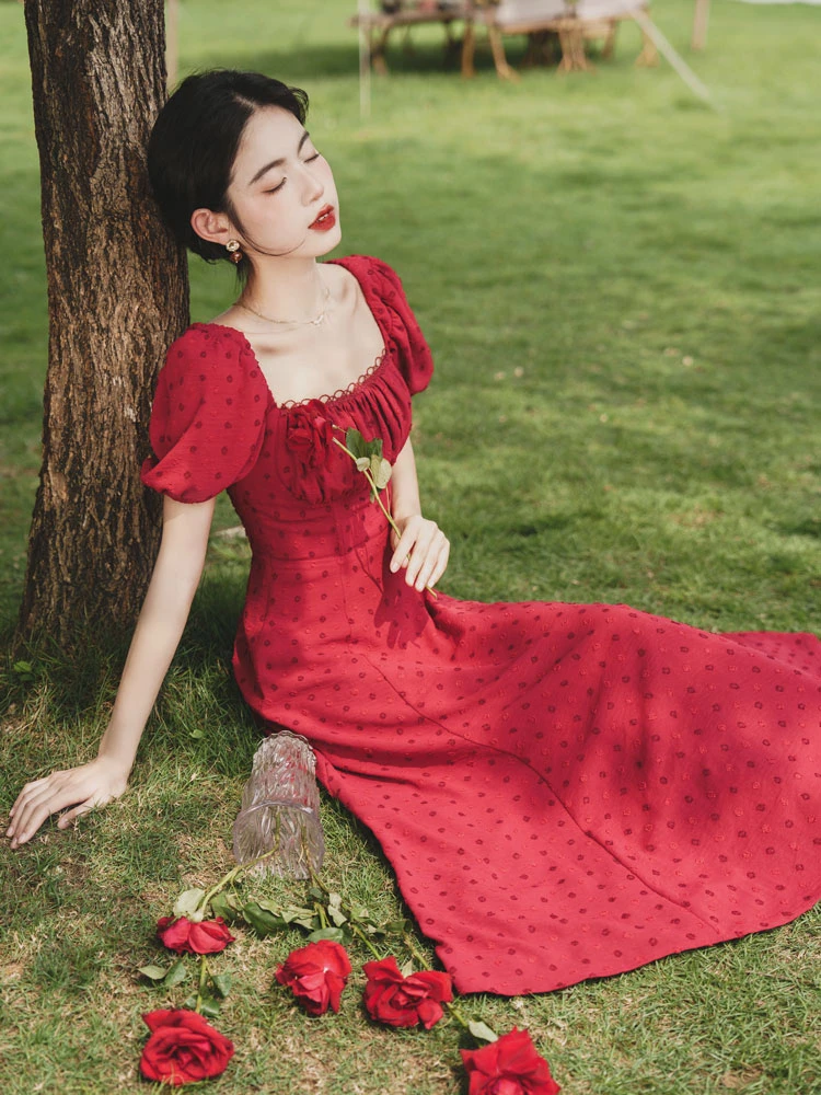 sweet rose red Chinese dress